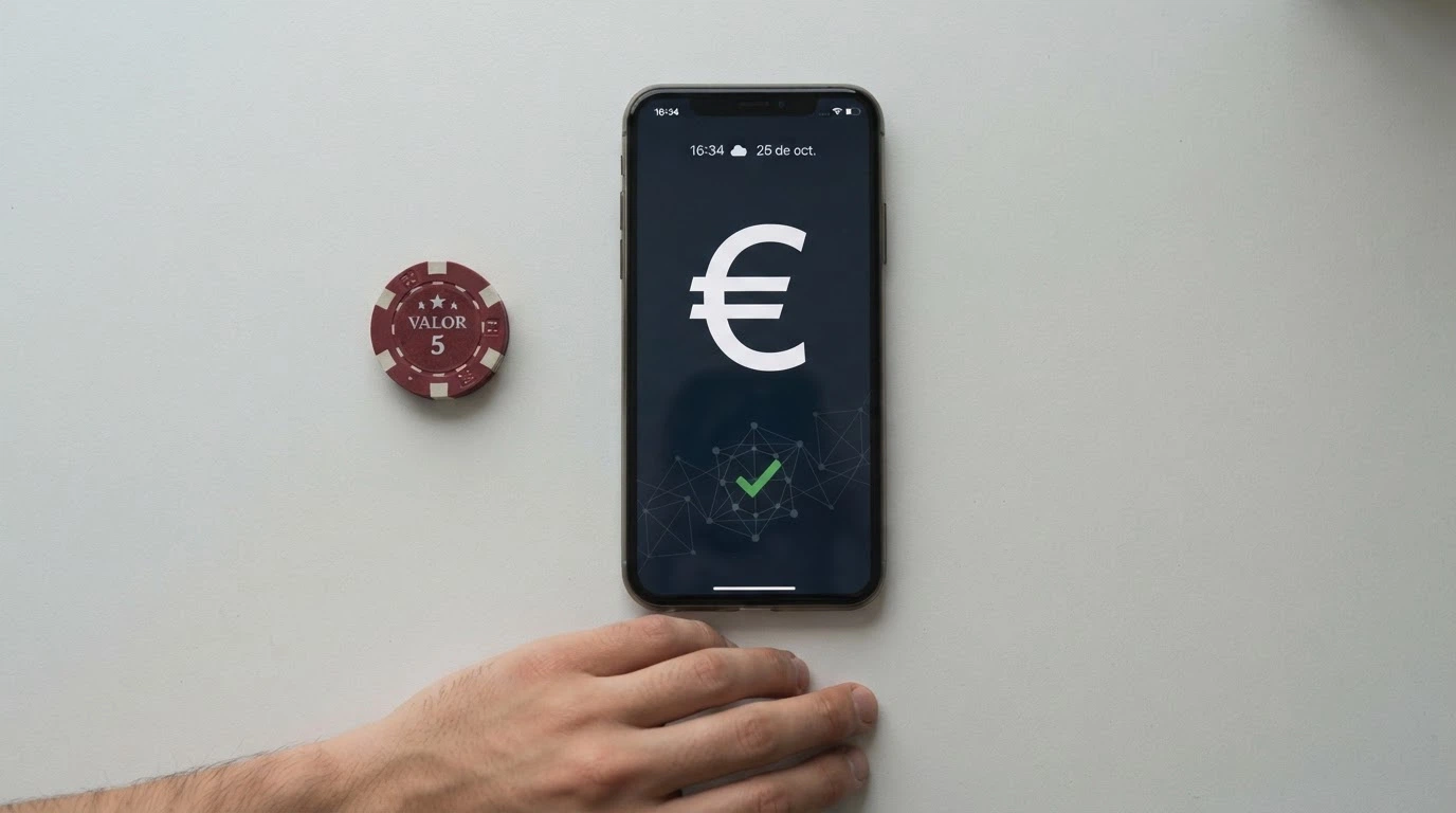 Cartera digital de criptomonedas en una pantalla de móvil mostrando una transacción de Bitcoin hacia un casino online, con el tiempo de confirmación en pantalla